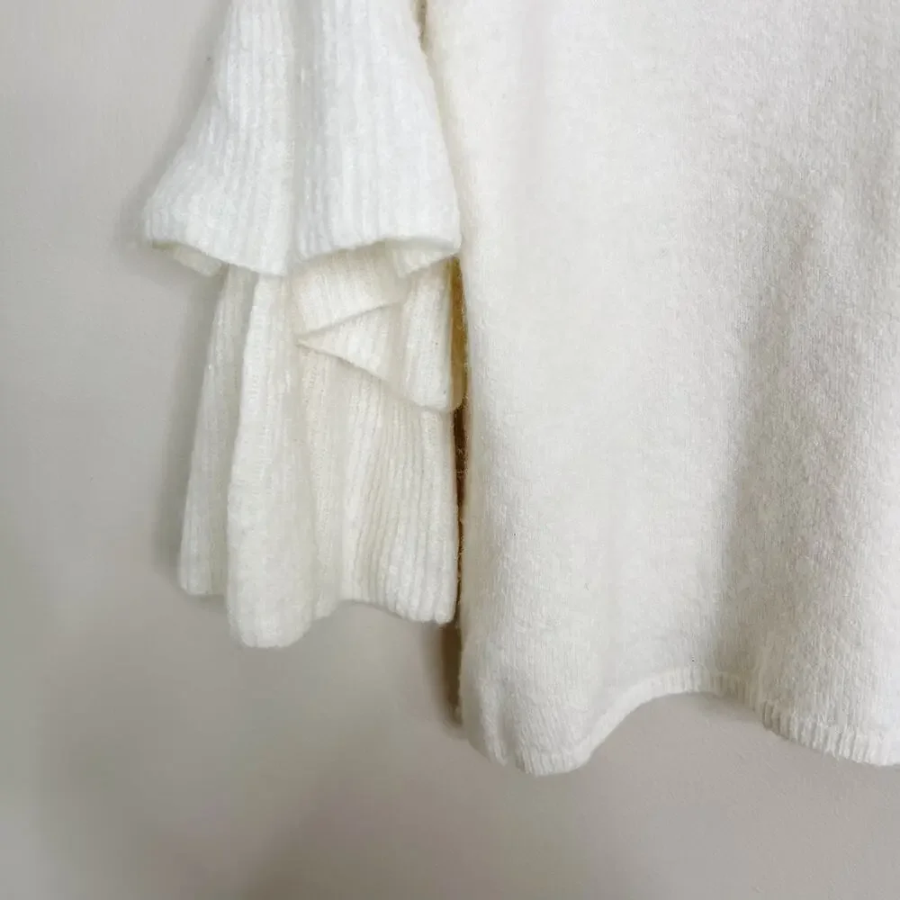 Madewell Tier Sleeve Sweater Cream Small S Wool Stretch Bateau Neck 3/4 Sleeve